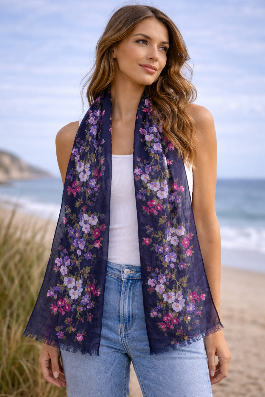 Isaac Mizrahi 72" Long Floral Scarf Navy Romantic Cottagecore Boho Chic